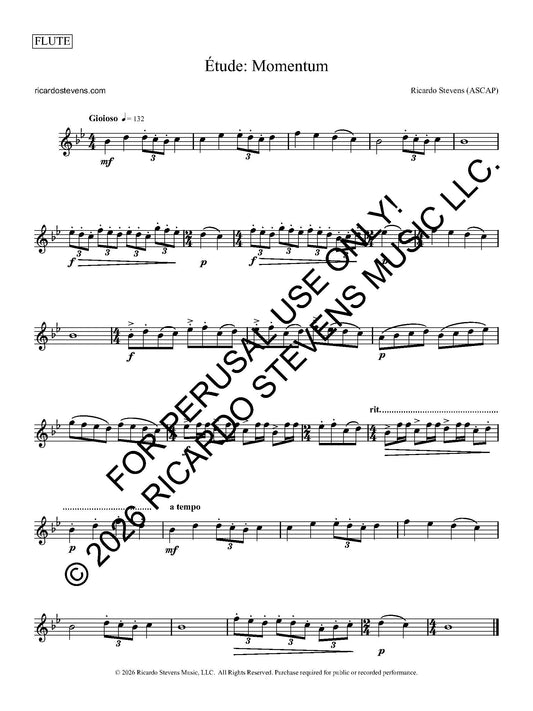 Flute sheet music for 'Etéude: Momentum' by Ricardo Stevens with copyright and usage notice.