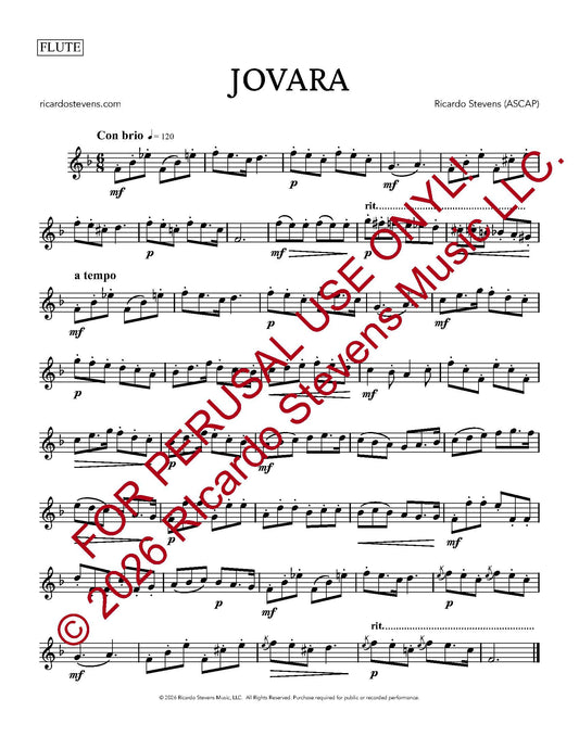 Sheet music for 'Jovara' by Ricardo Stevens with copyright and usage notice for Flute.