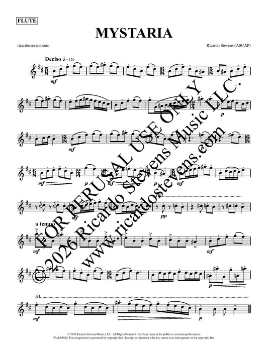 Sample sheet music of Mystaria by Ricardo Stevens - Flute Perusal