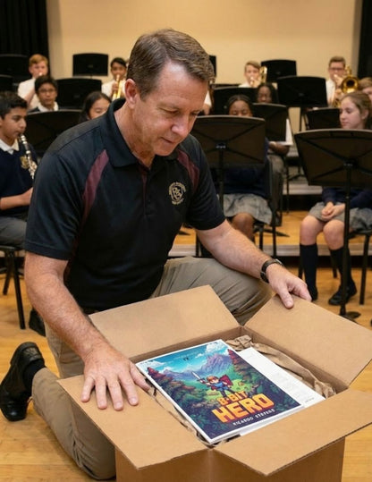 Man opening a box with a colorful book titled '8-Bit Hero' inside, in a classroom setting. By Ricardo Stevens