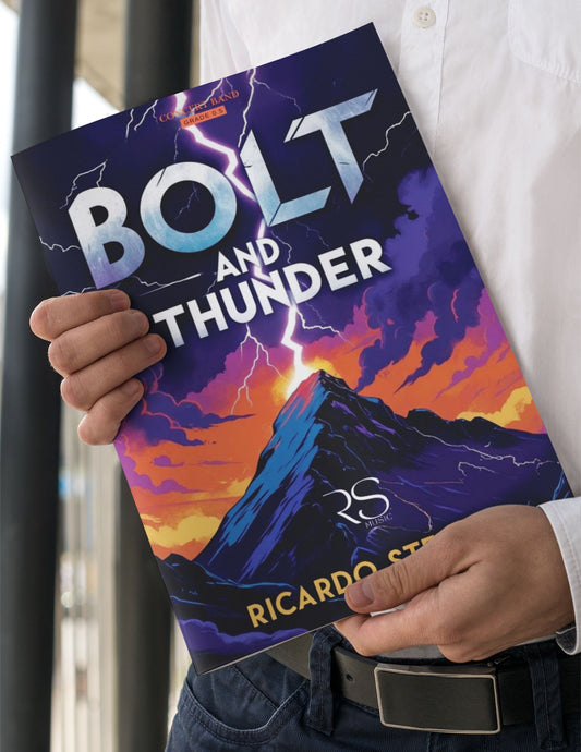 Book titled 'Bolt and Thunder' held by a person with a mountain and lightning design on the cover by Ricardo Stevens.