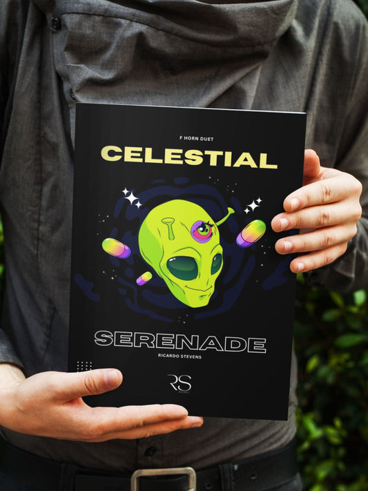 Person holding a book titled 'Celestial Serenade' with an alien design on the cover by Ricardo Stevens.