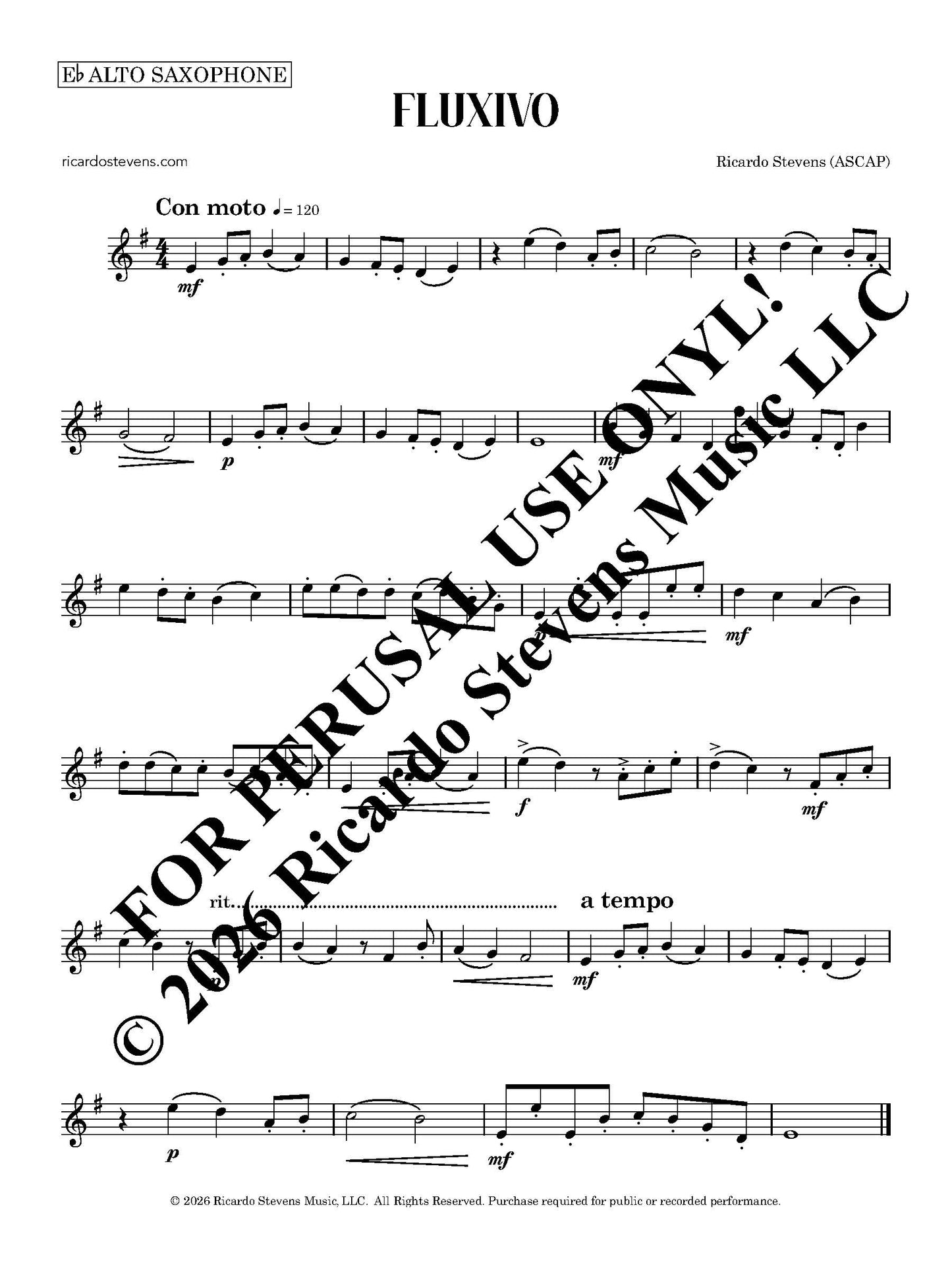 Sheet music for alto saxophone with text overlay by Ricardo Stevens.