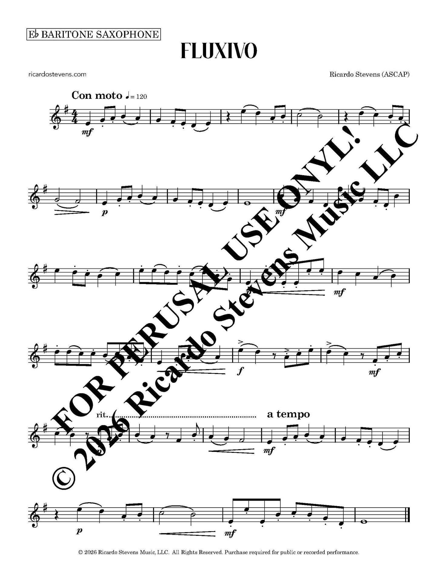 Sheet music for a haritone saxophone piece titled 'Fluxivo' with copyright and usage notice by Ricardo Stevens.