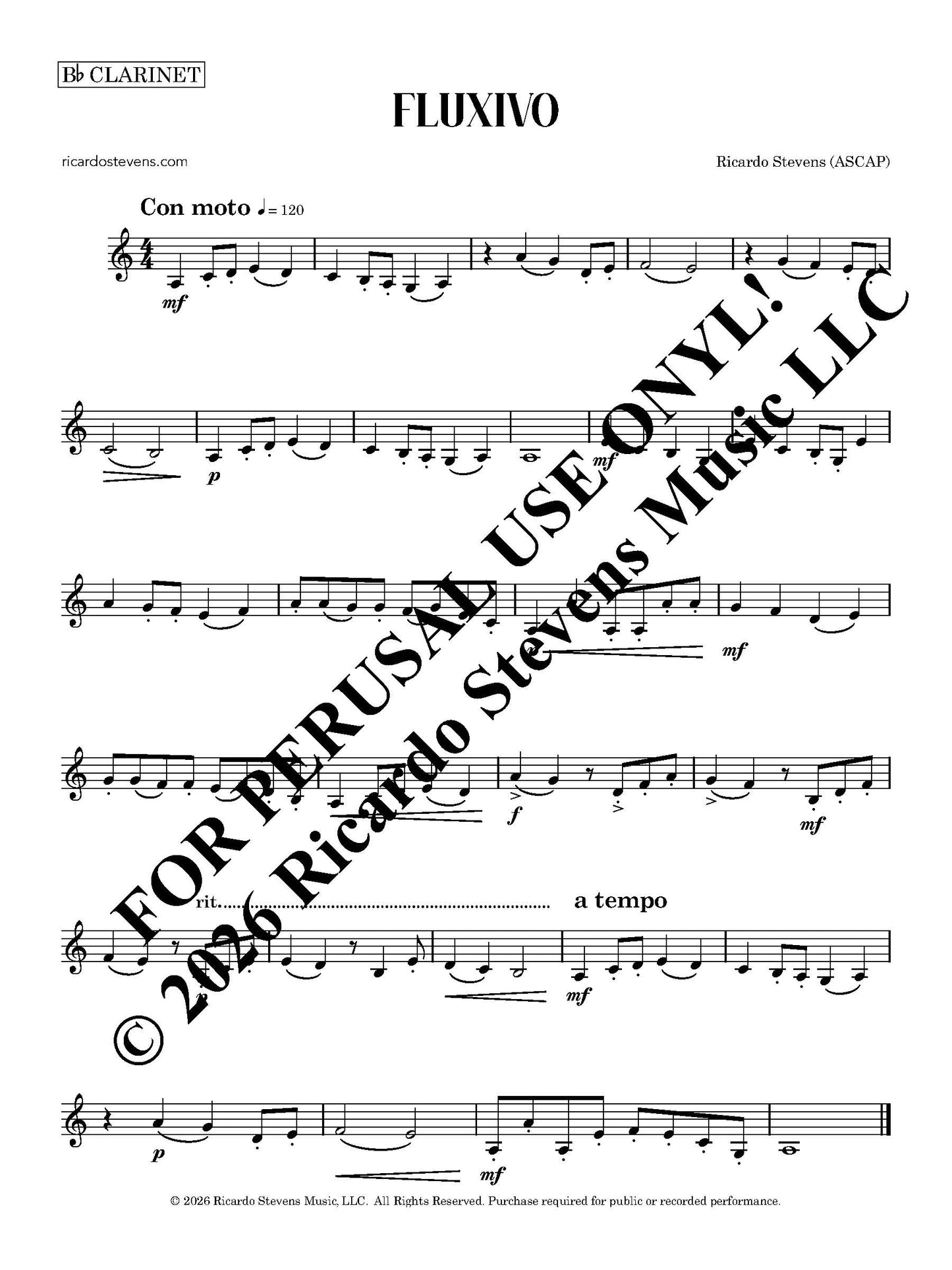 Sheet music for clarinet with text and notation by Ricardo Stevens.