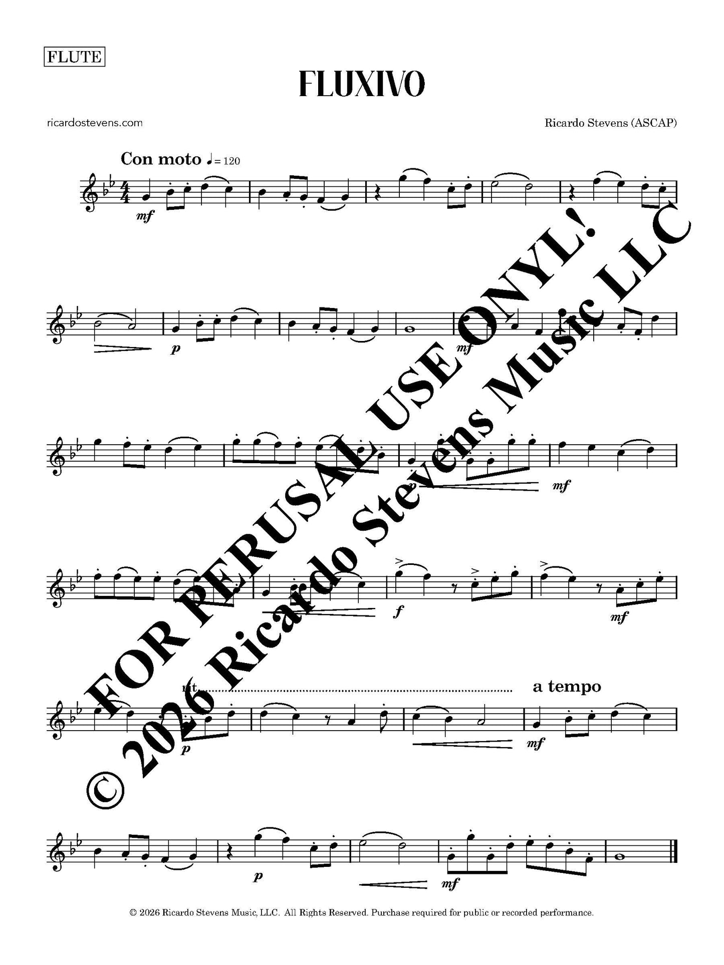 Sheet music for flute with text and copyright information by Ricardo Stevens.