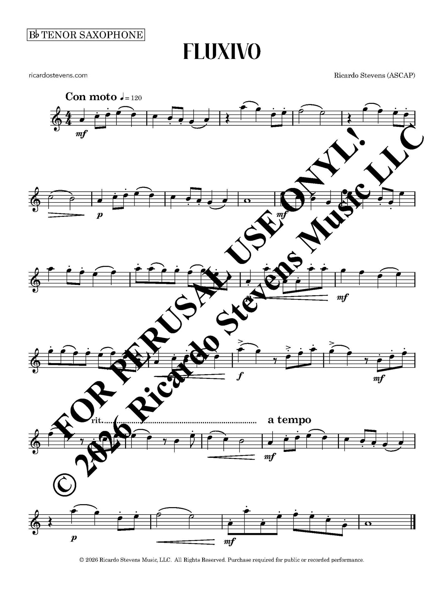 Sheet music for tenor saxophone with dynamic markings and tempo indications by Ricardo Stevens.