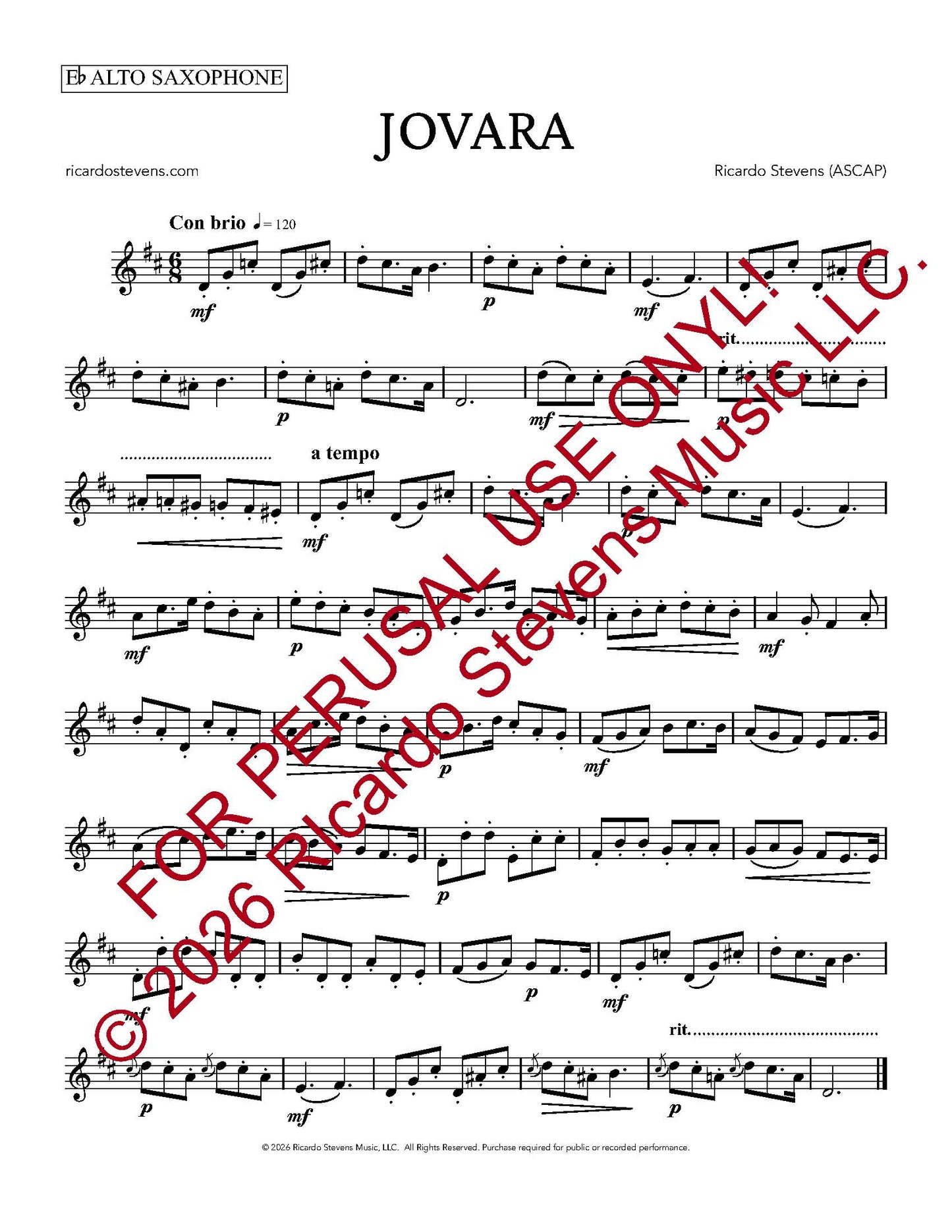 Sheet music for alto saxophone with 'Jovara' by Ricardo Stevens on a white background.