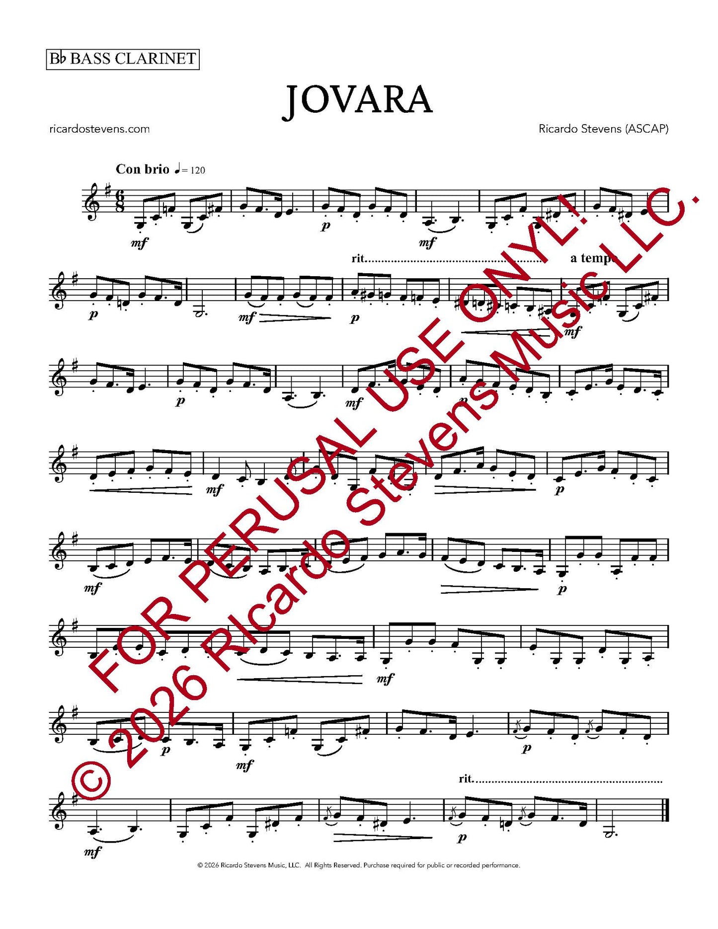 Sheet music for bass clarinet with 'Jovara' by Ricardo Stevens, featuring musical notation and copyright information.