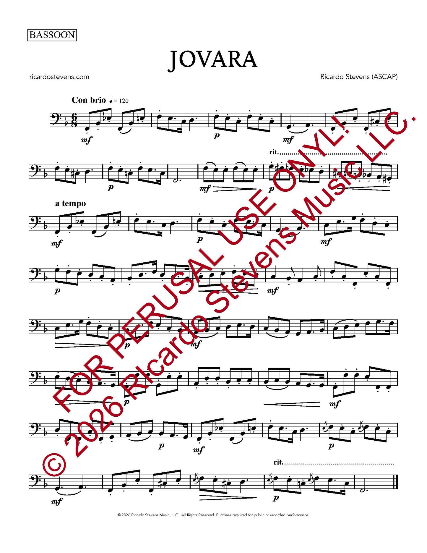 Sheet music for bassoon with red text overlay by Ricardo Stevens.