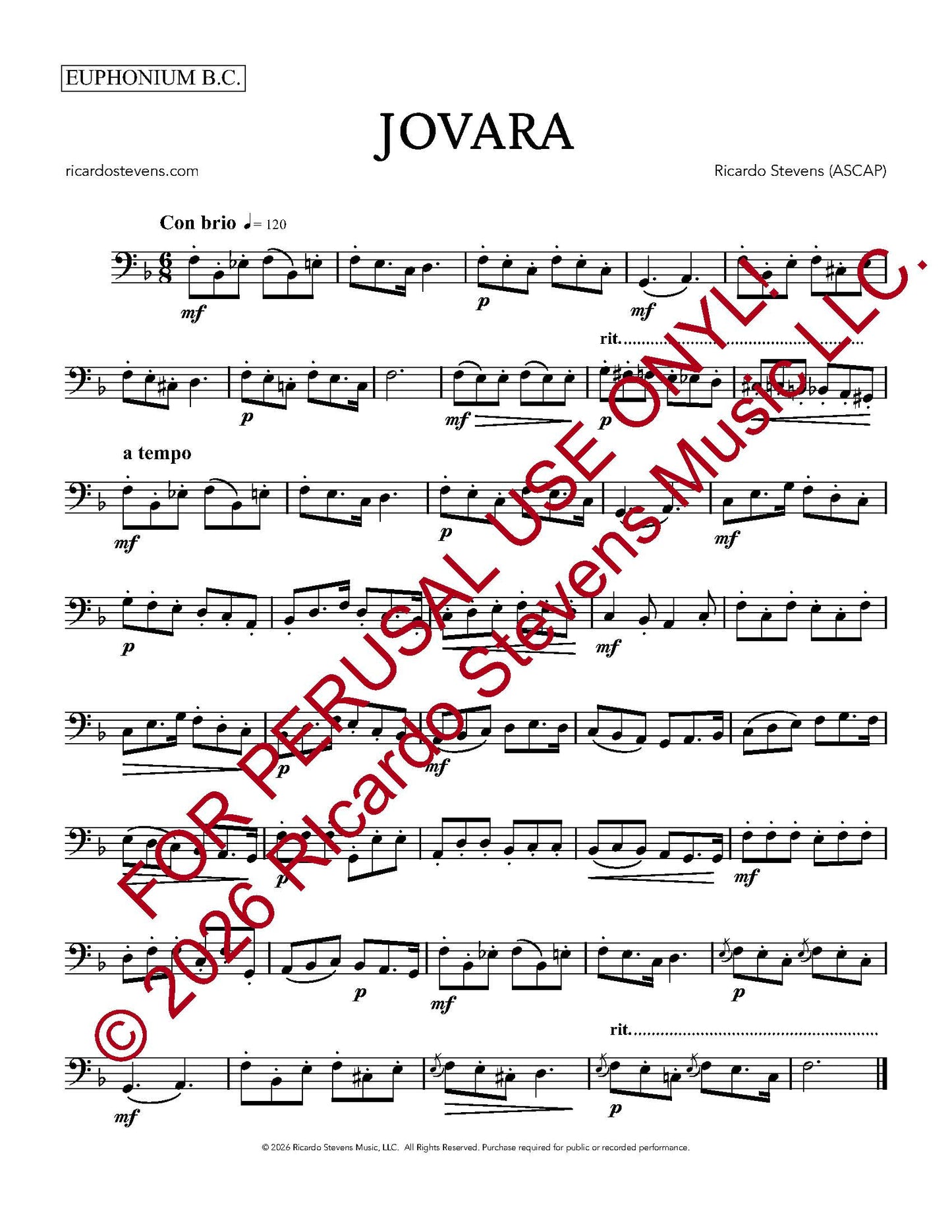 Sheet music for 'Jovara' by Ricardo Stevens with text overlay for Euphonium B.C.