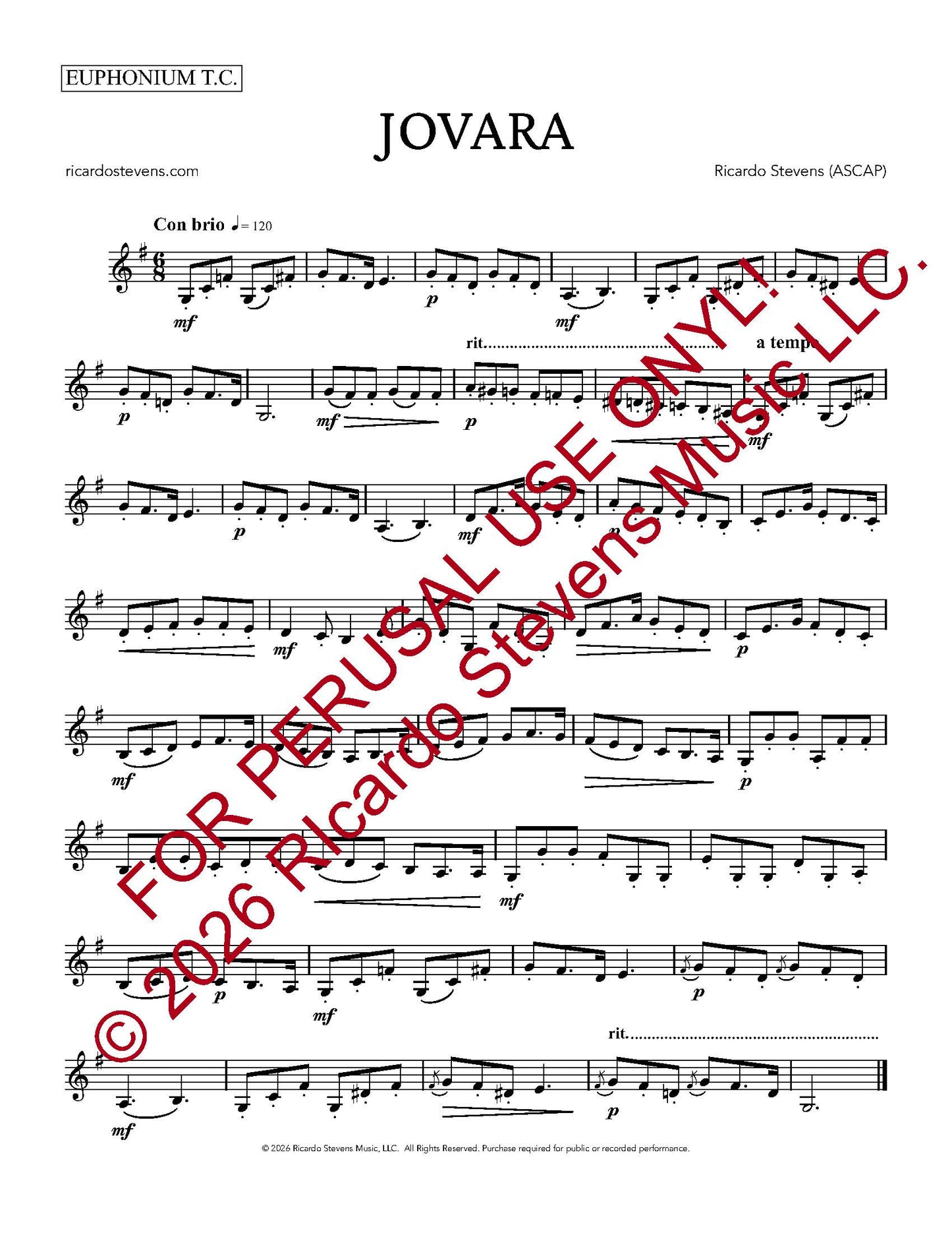 Sheet music for 'Jovara' by Ricardo Stevens with copyright and usage notice for Euphonium T.C.