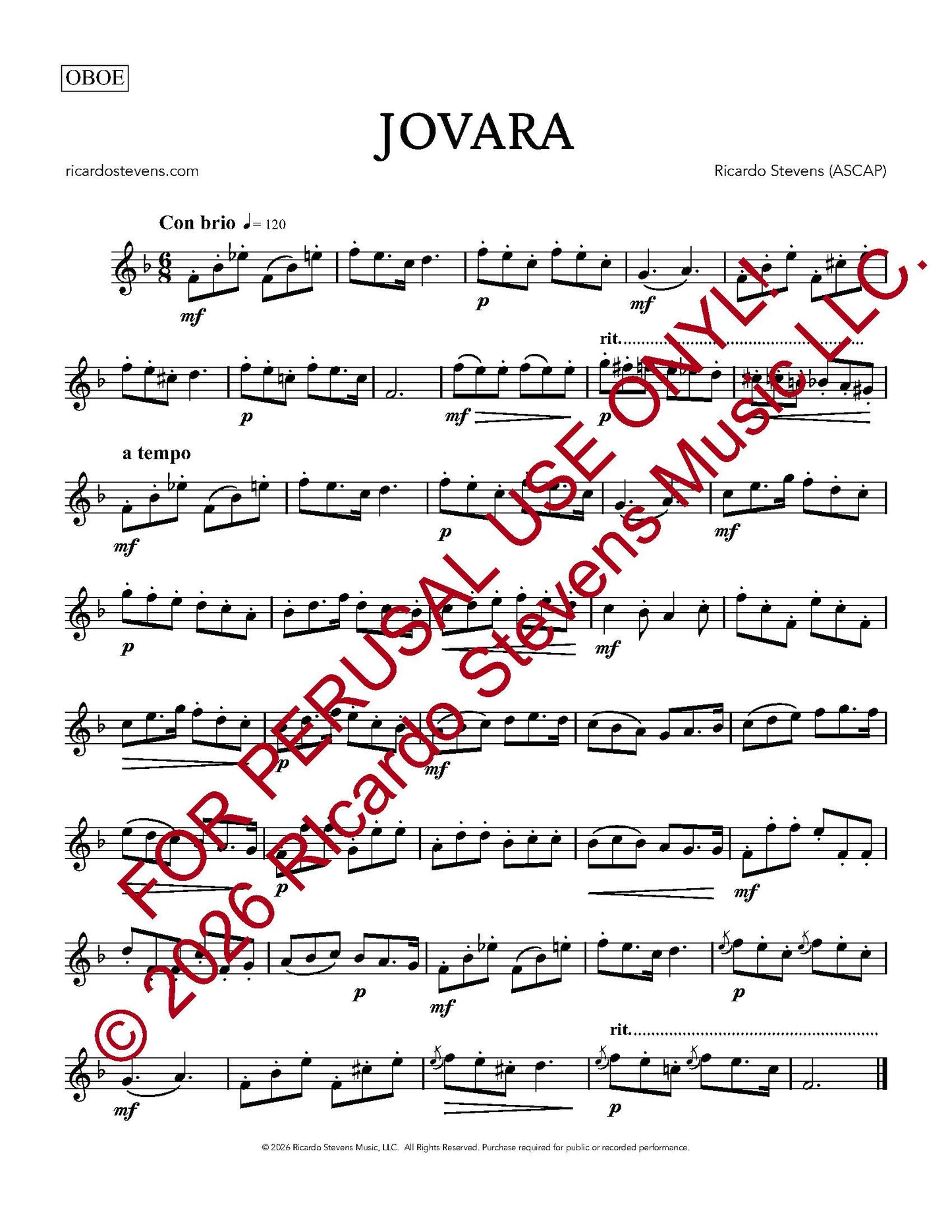 Sheet music for oboe with 'Jovara' by Ricardo Stevens, featuring musical notation and copyright information.