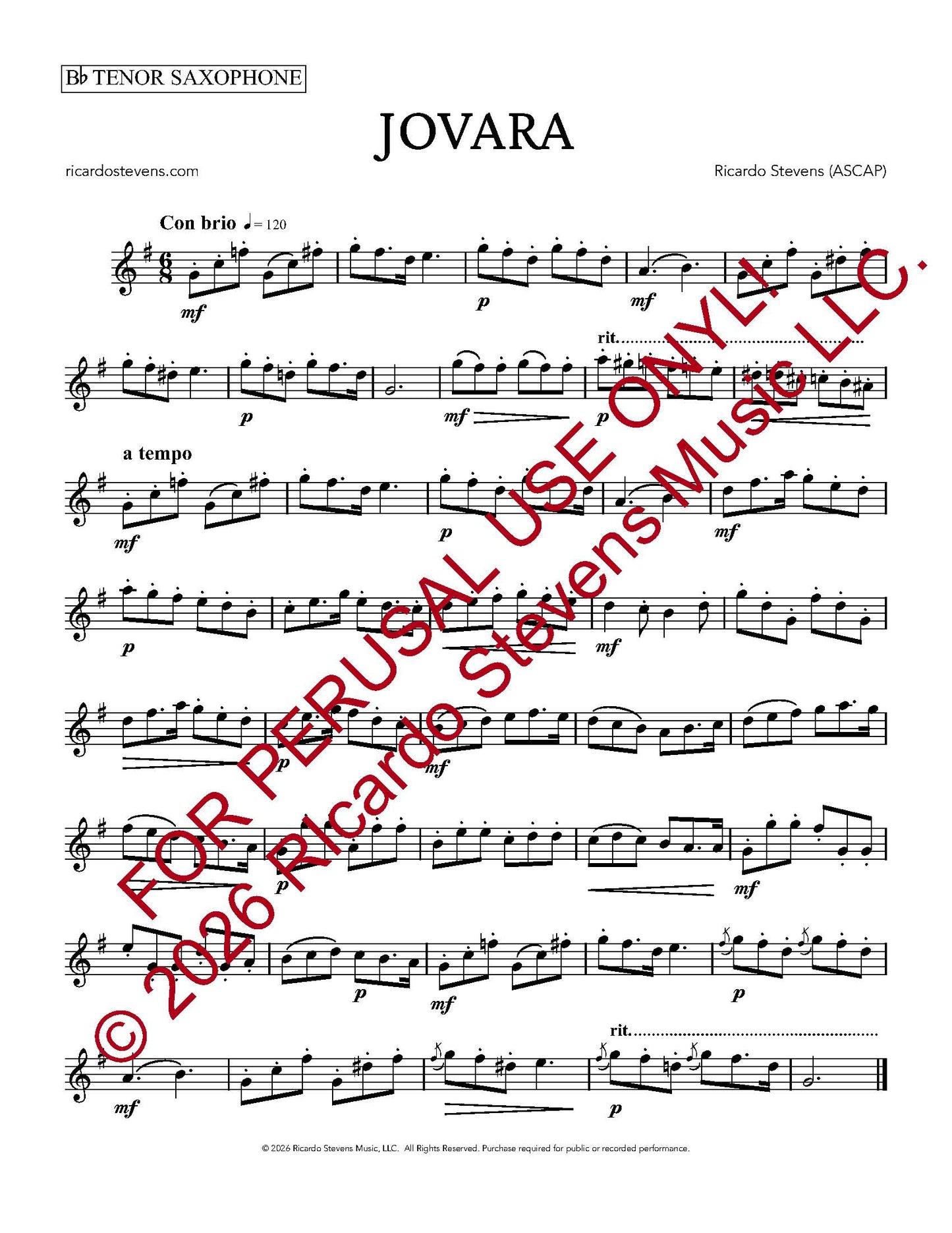 Sheet music for tenor saxophone with 'Jovara' by Ricardo Stevens, featuring musical notation and copyright information.