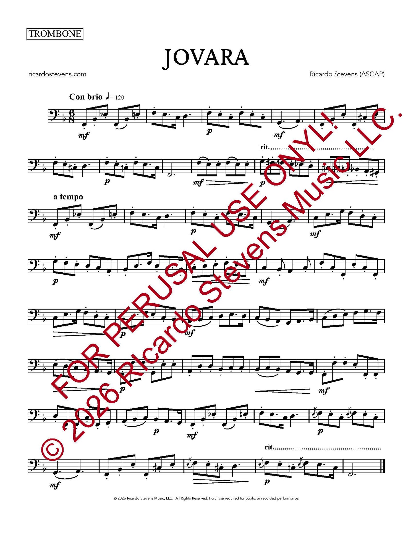 Sheet music for trombone with the title 'Jovara' by Ricardo Stevens, featuring musical notes and dynamics.