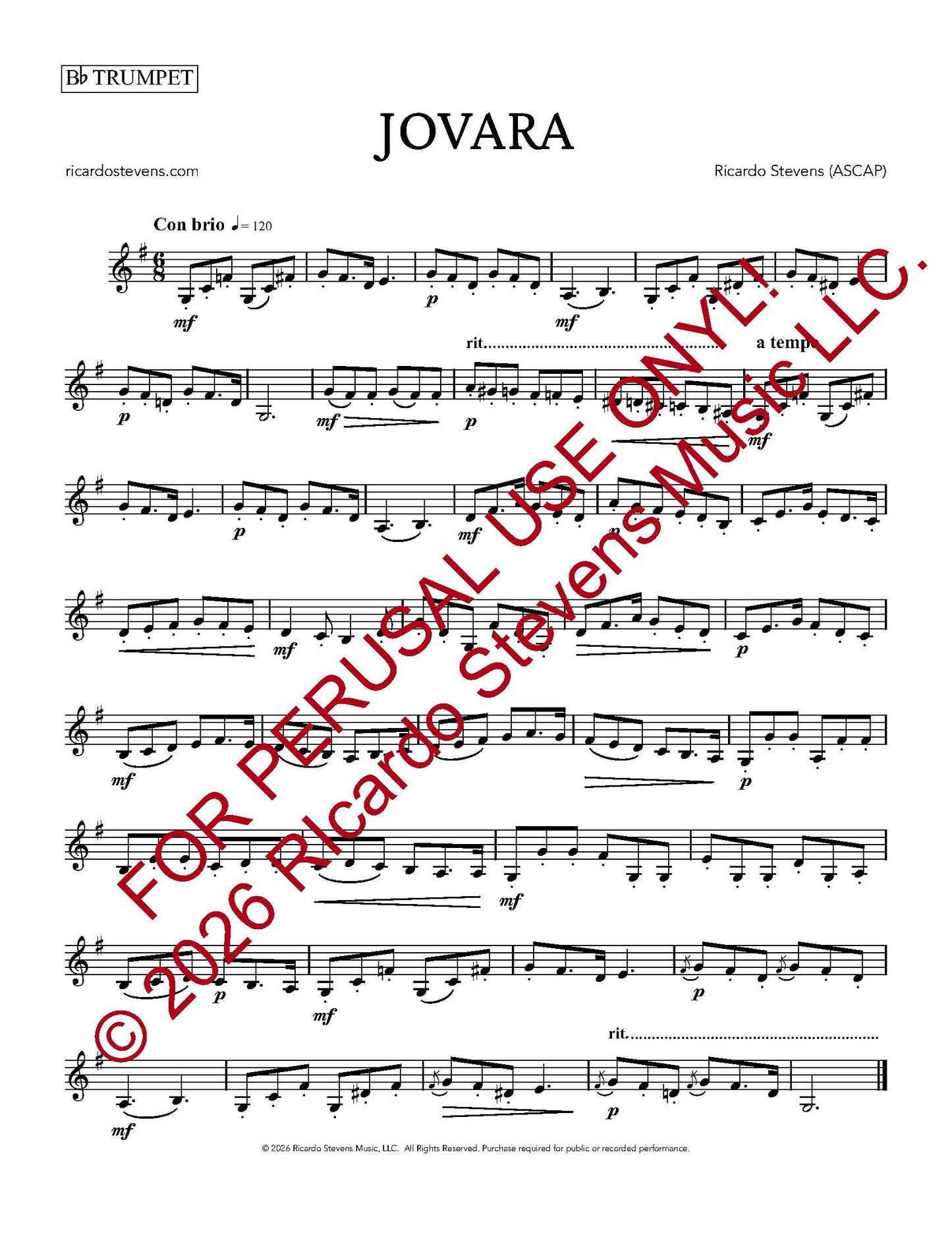 Sheet music for a trumpet piece titled 'Jovara' by Ricardo Stevens, with red text overlay.