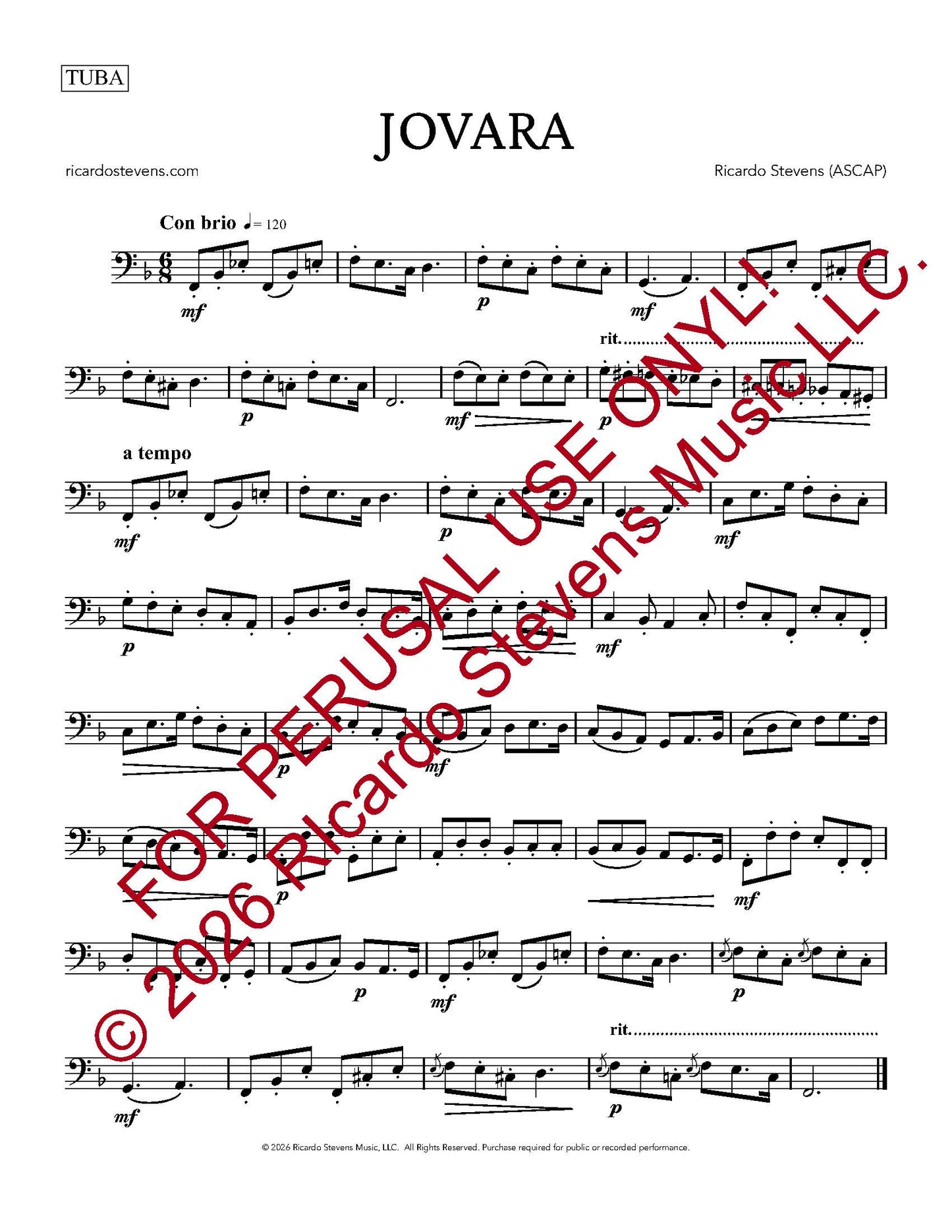 Sheet music for 'Jovara' by Ricardo Stevens with copyright and usage notice for Tuba