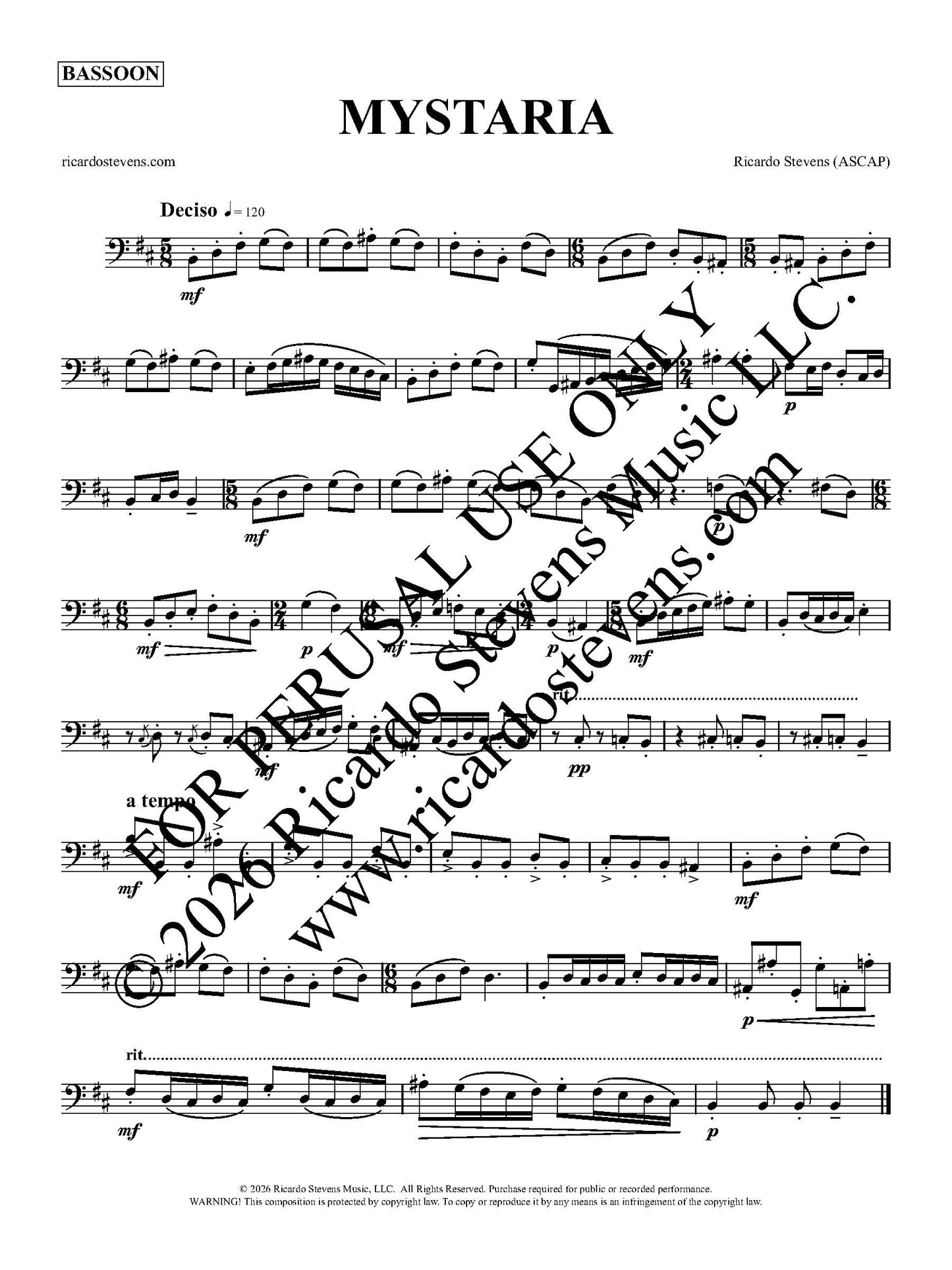 Sheet music for bassoon with decorative text and watermark by Ricardo Stevens