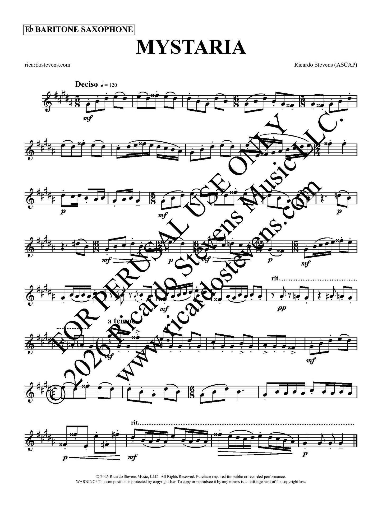 Sheet music for baritone saxophone with decorative text and watermark y Ricardo Stevens
