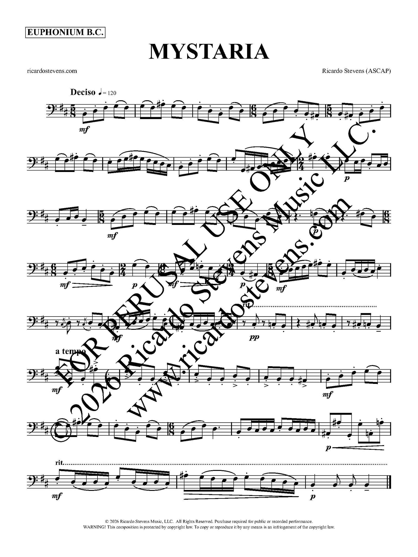 Sheet music for 'Mystaria' by Ricardo Stevens with copyright and usage notice for Euphonium.