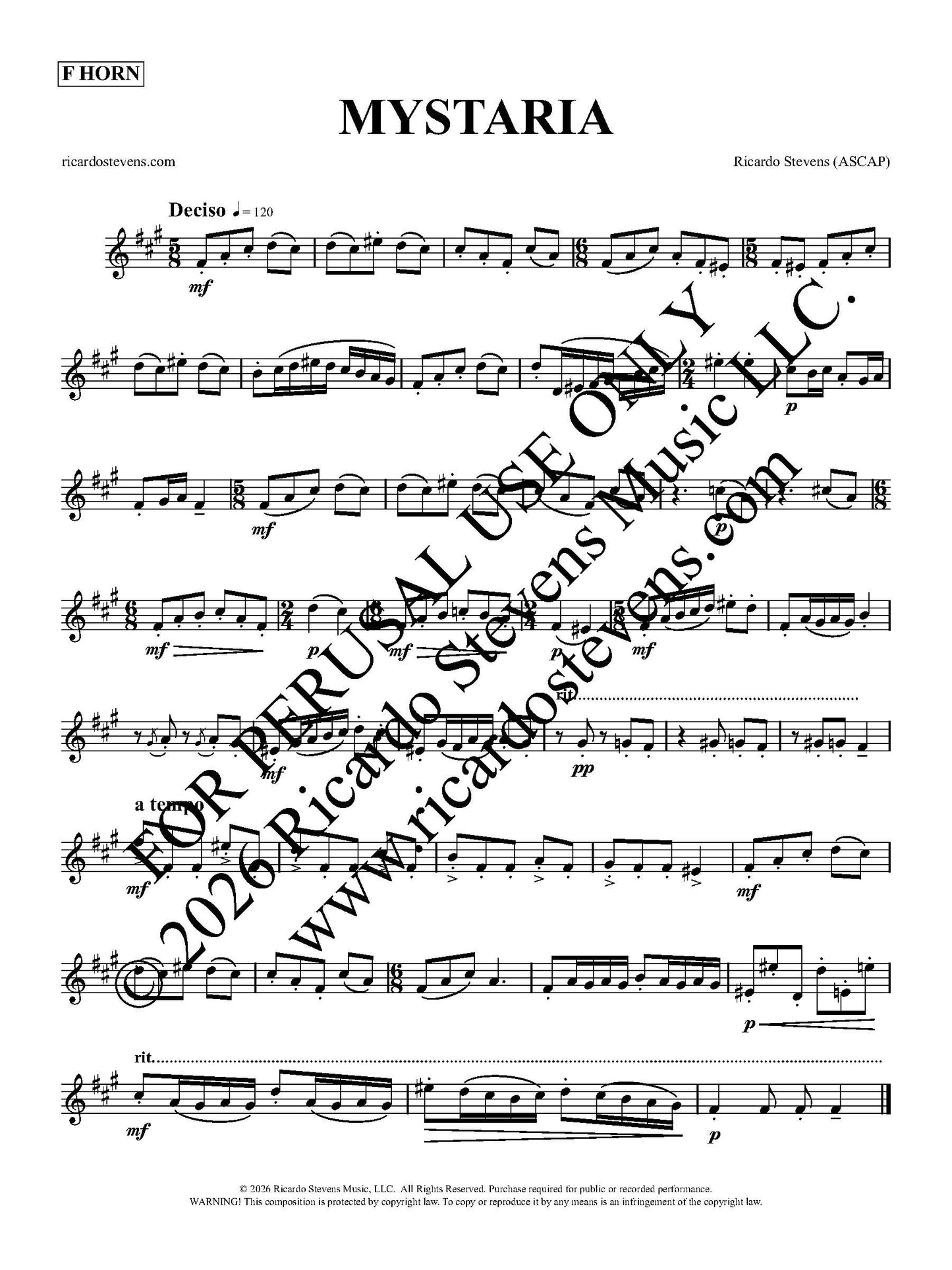 Sheet music for 'Mystaria' by Ricardo Stevens with copyright notice for F Horn.