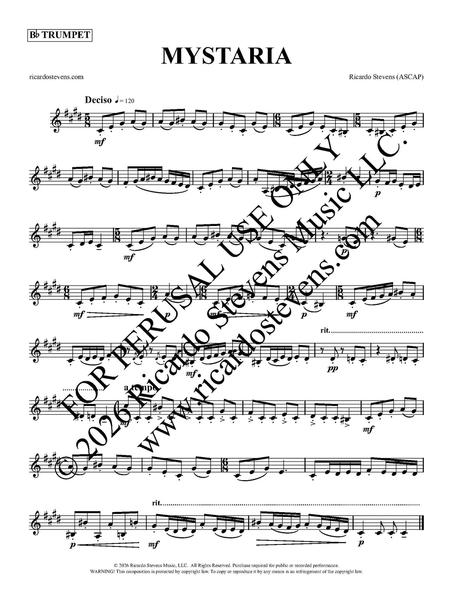 Sheet music for trumpet titled 'Mystaria' by Ricardo Stevens, with copyright notice.