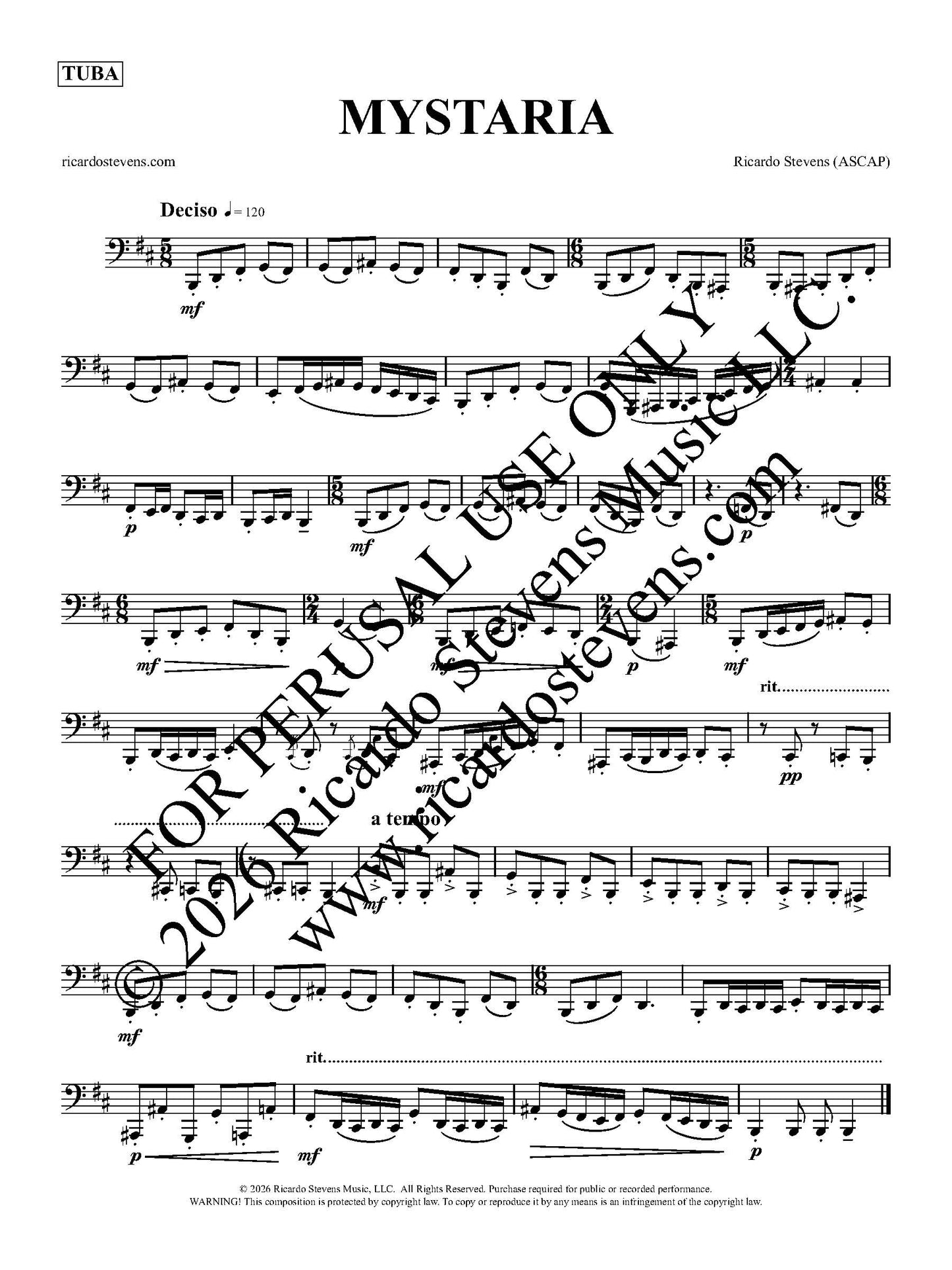 Sheet music for tuba with the title 'Mystaria' by Ricardo Stevens.