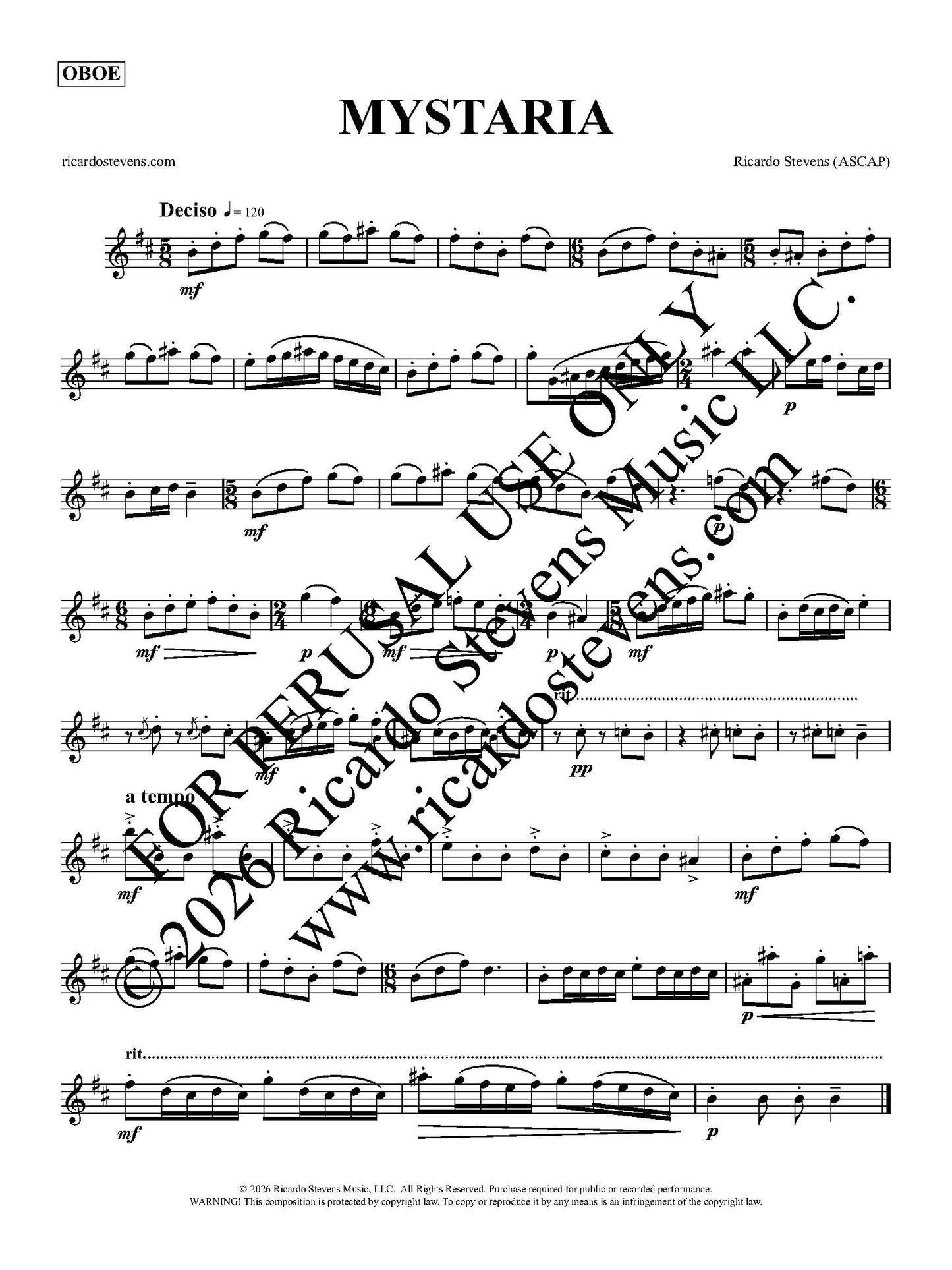 Sample sheet music of Mystaria by Ricardo Stevens - Oboe Perusal