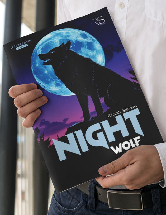 Book titled 'Night Wolf' for Concert Band by Ricardo Stevens held by a person