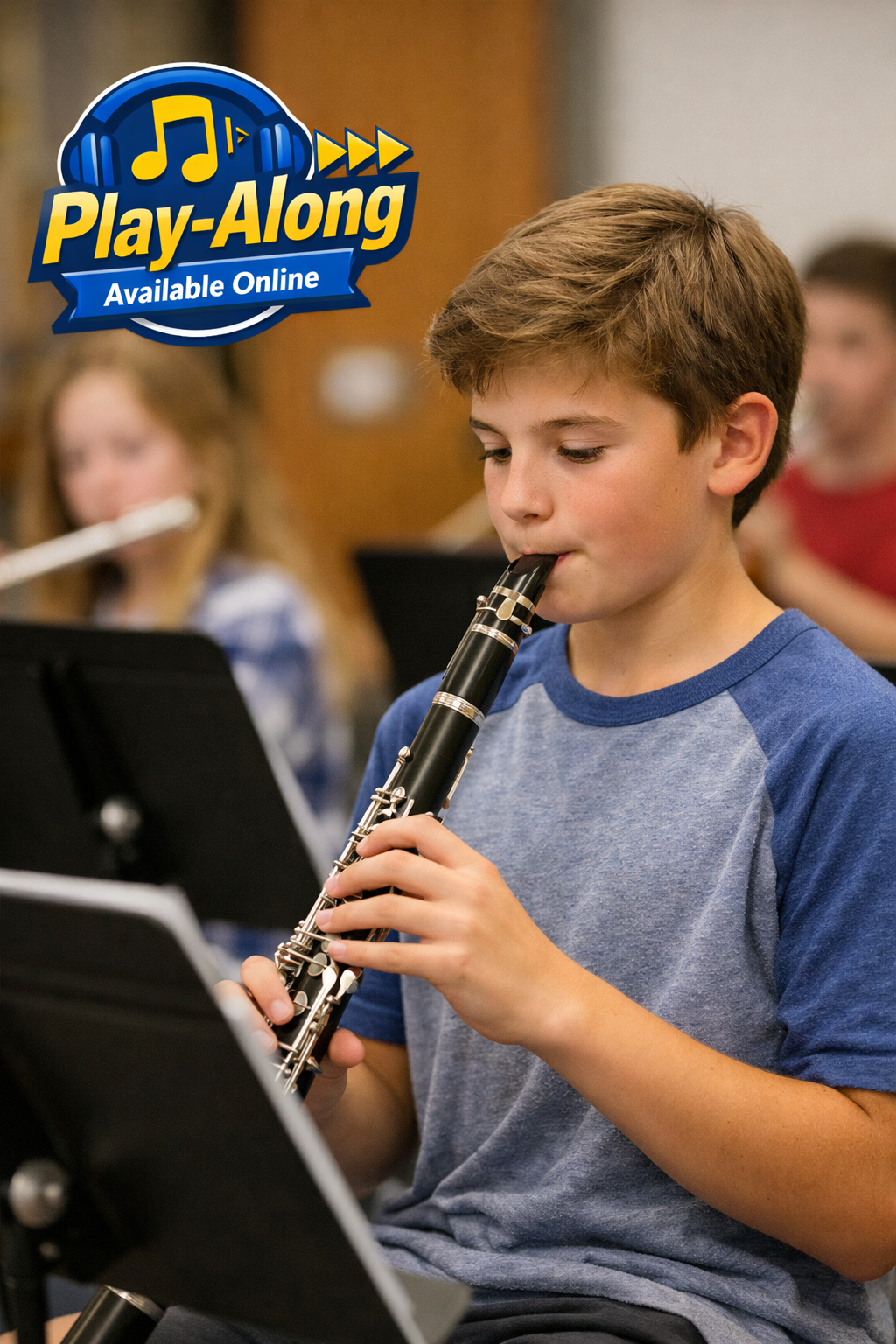 Young boy in Middle School playing a clarinet with 'Play-Along' logo in the corner by Ricardo Stevens