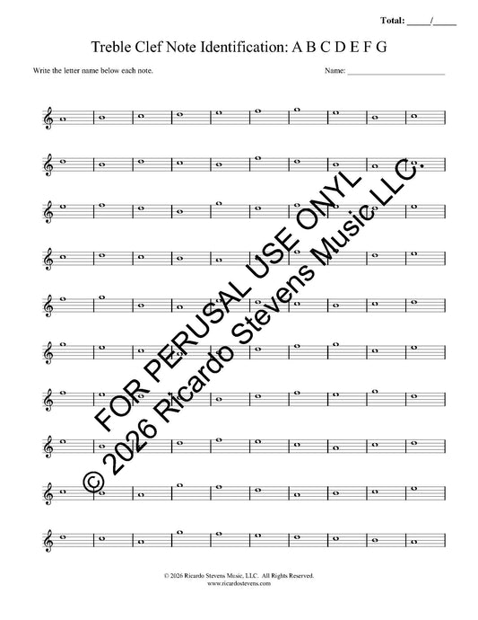 Music sheet with treble clef notes and space for letter identification, used for perusal by Ricardo Stevens Music LLC.
