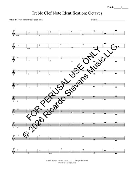 Music sheet with treble clef notes and text for treble clef note identification practice by Ricardo Stevens.