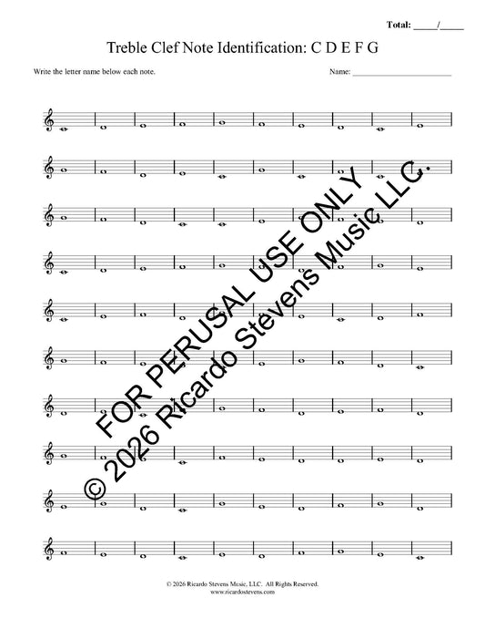 Sheet music with treble clef notes and space for letter identification, for perusal use only by Ricardo Stevens.