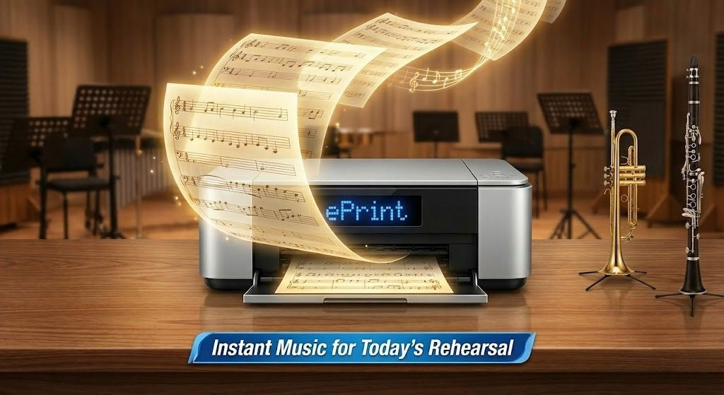 ePrint music printer with sheet music in a music room setting